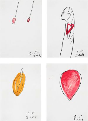 Oswald Tschirtner, Kirschen, Mensch mit Herz, Apfel, Herz, 2003 - 2004
